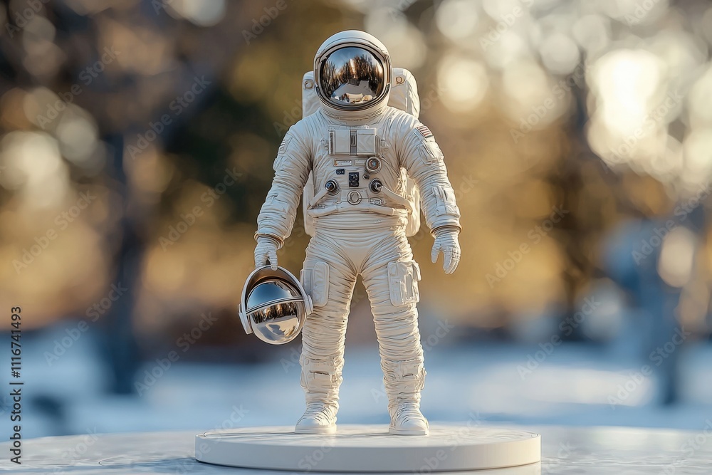A detailed astronaut model stands on a circular base, holding a reflective helmet. The soft golden light from the setting sun creates a warm and serene atmosphere, enhancing the scenes charm.