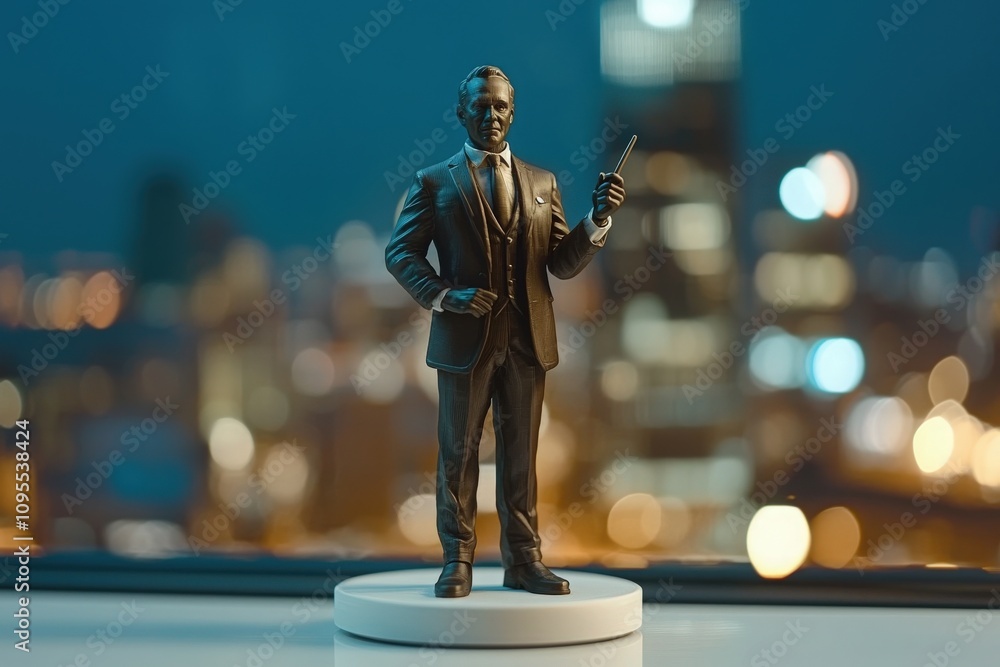 A detailed bronze figurine of a businessman stands on a white base, holding a pointer. The background features a blurred city skyline illuminated at night, creating a dynamic atmosphere.