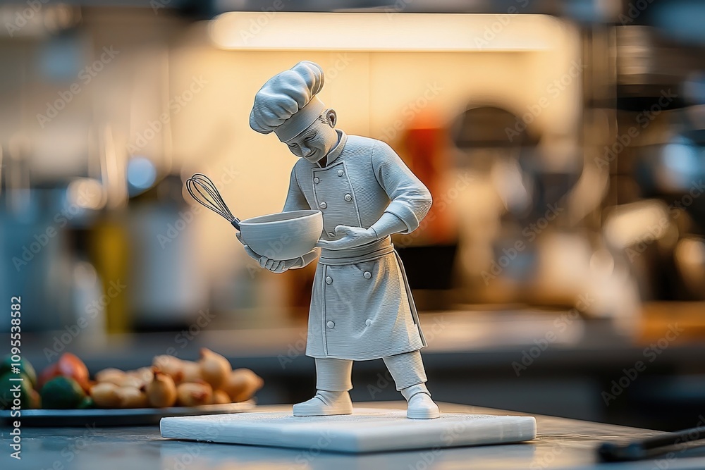 A detailed chef figurine stands focused on a mixing bowl, whisk in hand, in a contemporary kitchen filled with various cooking tools. The background suggests an active culinary space.