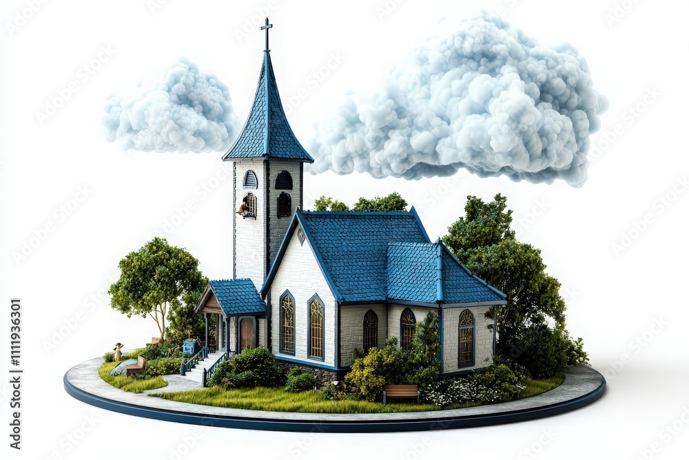 A detailed church model features a blue roof and a tall steeple. Lush greenery encircles the building, while fluffy clouds hover above, creating a peaceful atmosphere in a scenic environment.