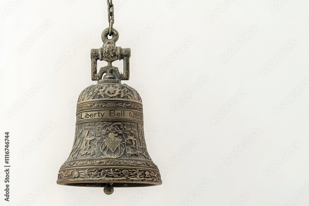 A detailed, decorative replica of the Liberty Bell hangs from a chain, showcasing its intricate carvings and engravings, set against a simple, neutral background.