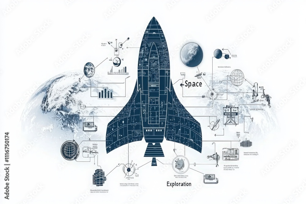 A detailed design blueprint depicts a spacecraft with labeled components, highlighting its role in space exploration.