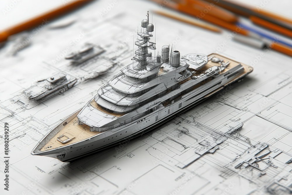 A detailed design illustrating a luxury yacht is displayed atop a drafting table. The technical drawing includes various views and specifications, showcasing the yachts unique features and layout.