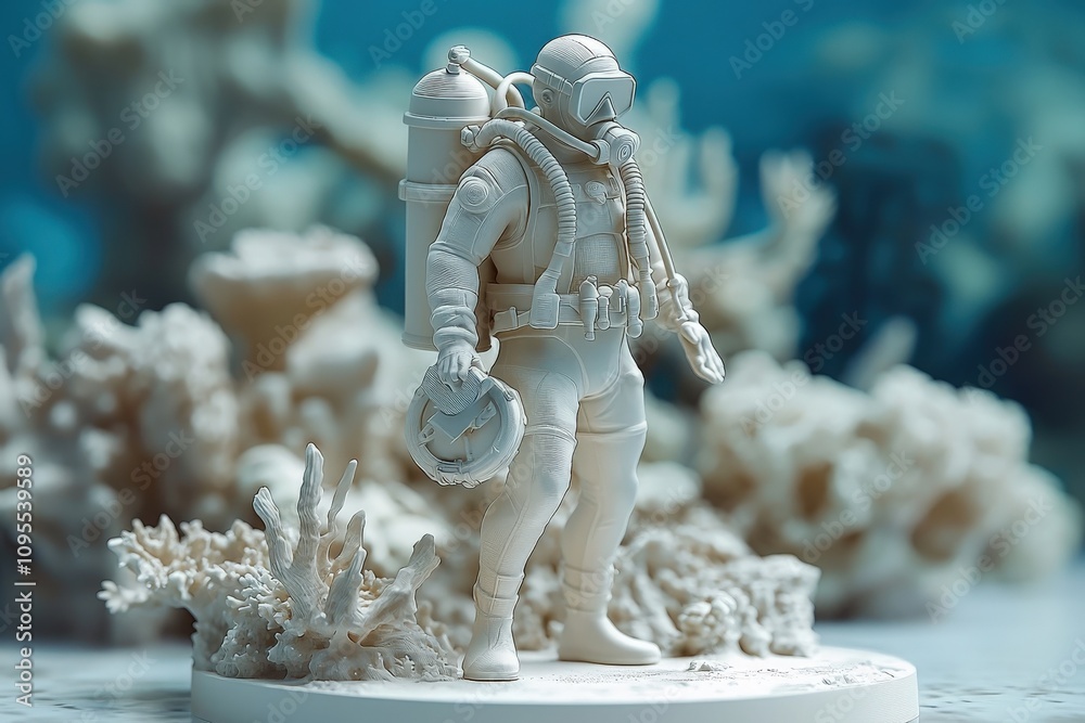 A detailed diver figurine stands amidst a coral reef setting, dressed in scuba gear and holding a helmet. The surrounding corals create an immersive marine atmosphere.