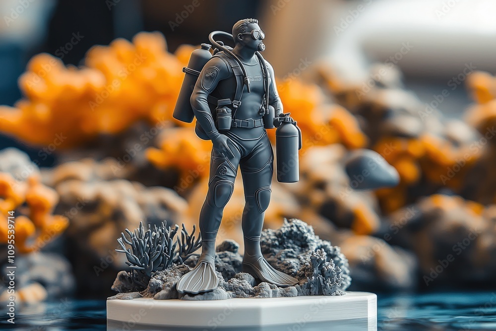 A detailed diver model stands on a textured base resembling a coral reef, surrounded by colorful underwater scenery. The scene captures the essence of marine exploration and adventure.