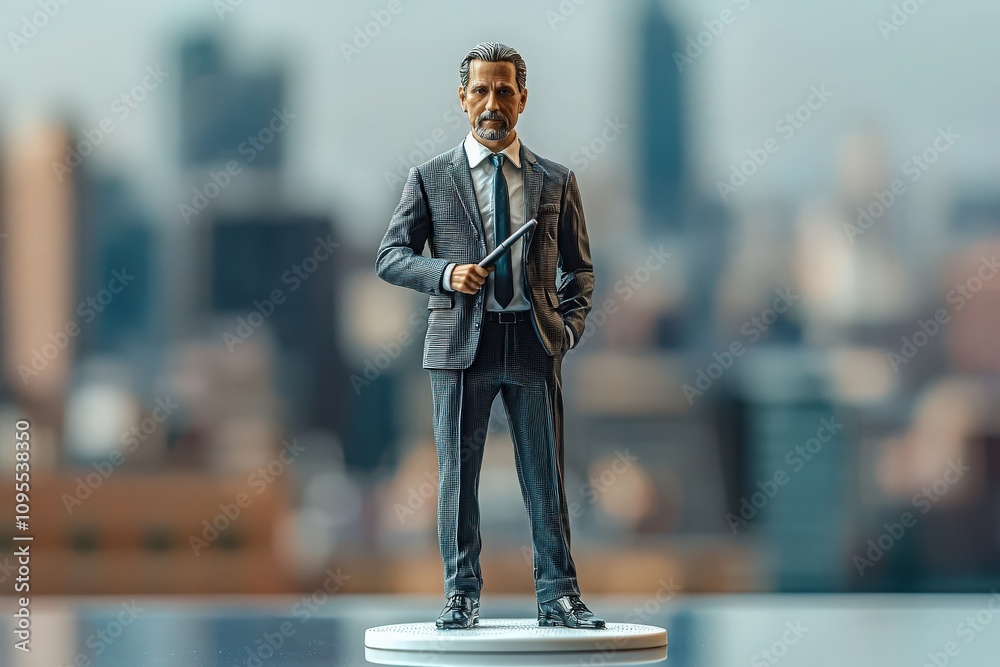 A detailed figure of a business professional stands confidently with a pen in hand.