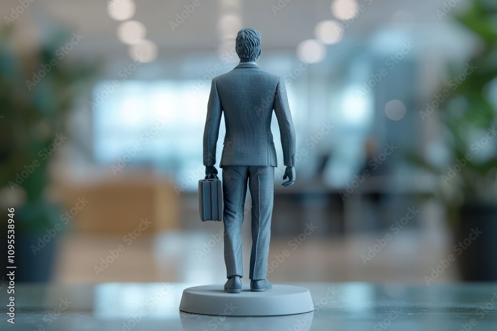 A detailed figure of a businessperson in a suit is seen from the back, walking away in a sleek office space. The background features blurred office elements, conveying professionalism.