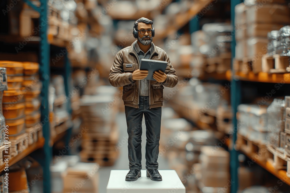 A detailed figure of a man in a jacket stands on a pedestal in a warehouse. He is holding a tablet and appears focused, surrounded by tall shelving filled with boxes and goods.