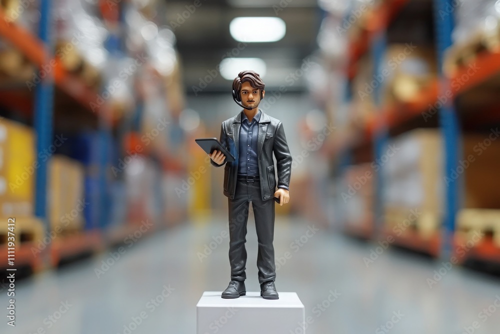 A detailed figure of a professional stands on a pedestal in a large warehouse. Shelves lined with boxes are visible, indicating a busy storage environment.