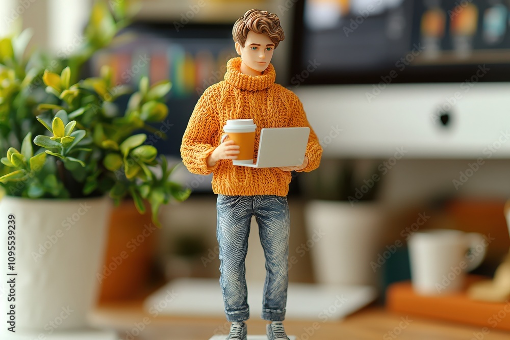 A detailed figure of a young man wearing a bright orange sweater holds a coffee cup and a laptop. The background features a workspace with plants and colorful decor, creating a warm atmosphere.
