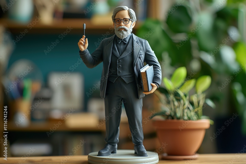 A detailed figure of an academic character stands confidently with a pen in one hand and a book in the other. The backdrop features a cozy bookshelf filled with literature and greenery.