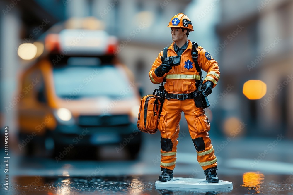 A detailed figure of an emergency medical technician stands on a wet street, showcasing the orange uniform and equipment, while an ambulance is parked nearby in a bustling city setting.