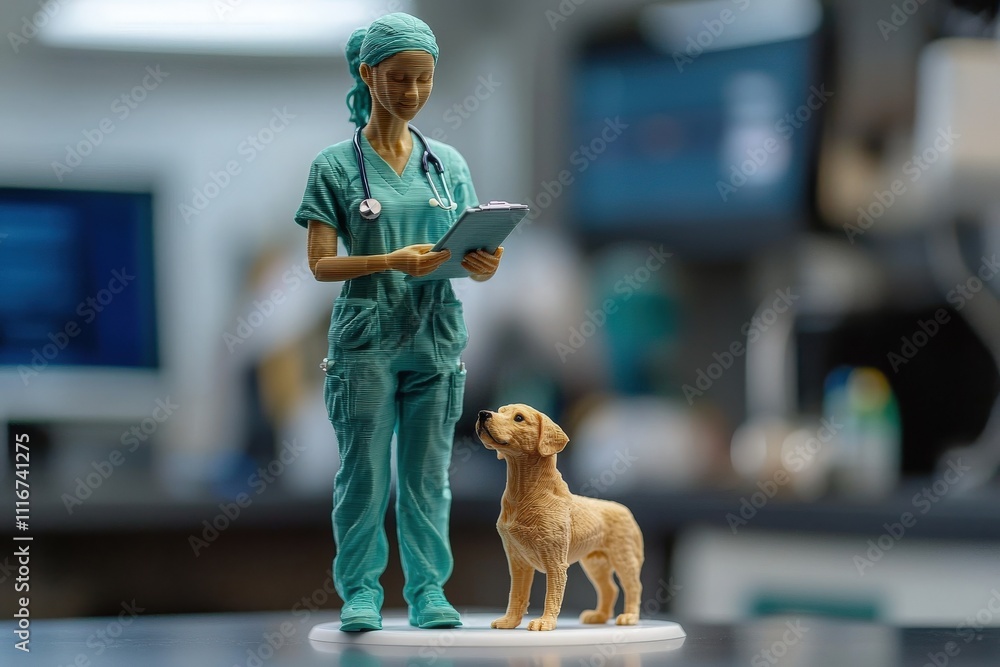 A detailed figurine depicts a veterinary nurse holding a clipboard while a dog stands beside her. The setting features a veterinary clinic with blurred background equipment.