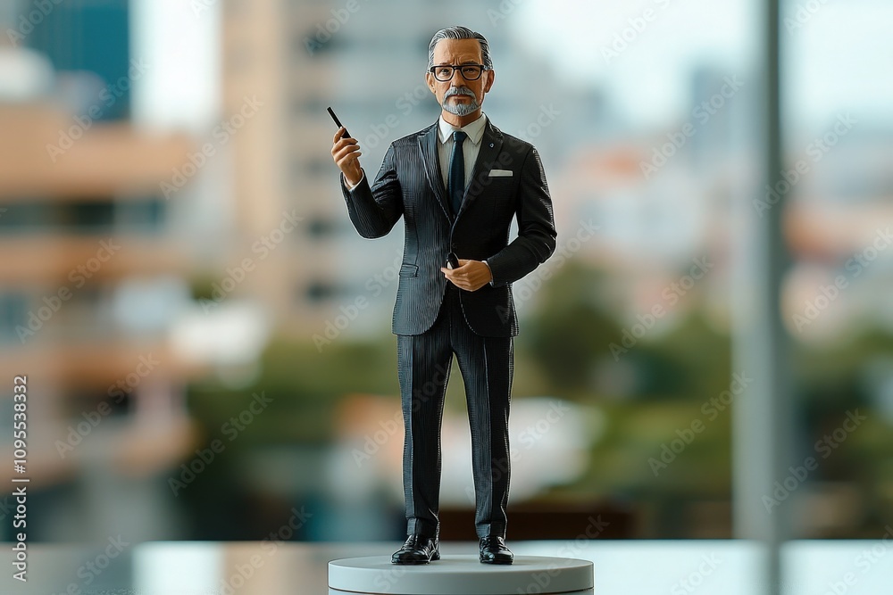 A detailed figurine of a businessman dressed in a pinstriped suit stands on a circular base.