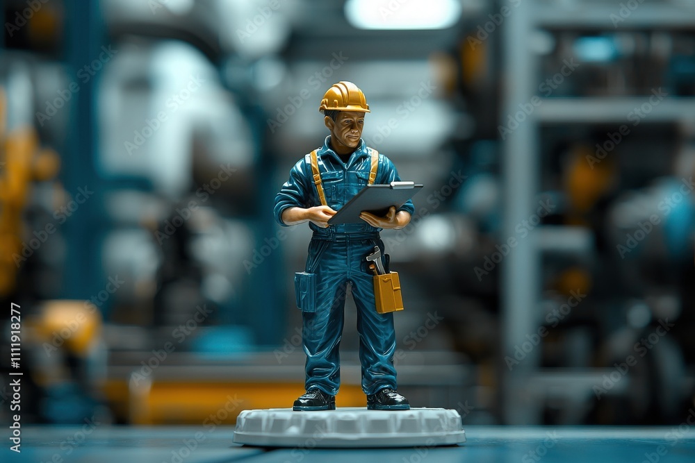 A detailed figurine of a construction worker stands on a gray base, holding a clipboard. The background features machinery typical of a factory environment, emphasizing industrial activity.