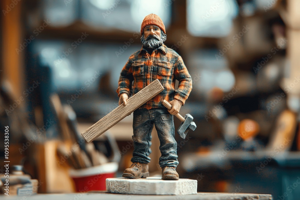 A detailed figurine of a craftsman stands in a workshop. He holds a wooden plank and a hammer, clad in a flannel shirt and beanie, surrounded by various tools in a rustic setting.