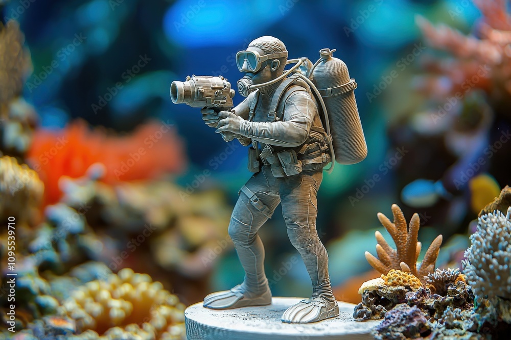 A detailed figurine of a diver equipped with a camera and oxygen tank navigates through a colorful coral reef. The underwater environment is filled with a variety of corals and marine life.