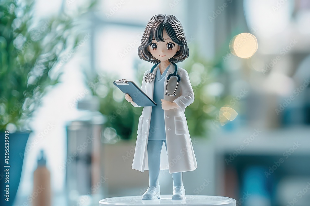 A detailed figurine of a female doctor stands confidently in a bright, modern room. She holds a clipboard and wears a stethoscope, showcasing a professional appearance amidst a cozy atmosphere.
