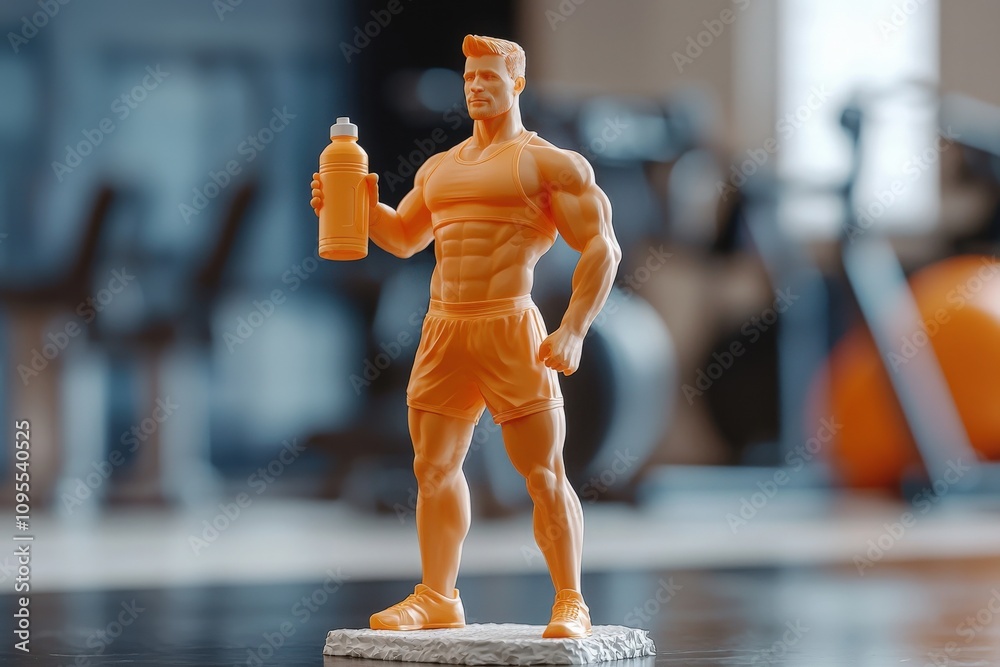 A detailed figurine of a muscular man holding a water bottle stands prominently on a dark surface in a gym, with workout equipment blurred in the background, emphasizing fitness and strength.
