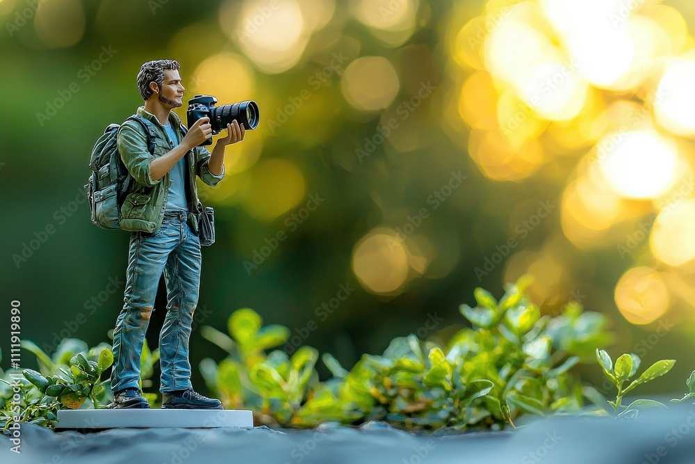 A detailed figurine of a photographer stands amidst vibrant greenery, holding a camera. The background features a warm, glowing bokeh created by sunlight filtering through leaves.