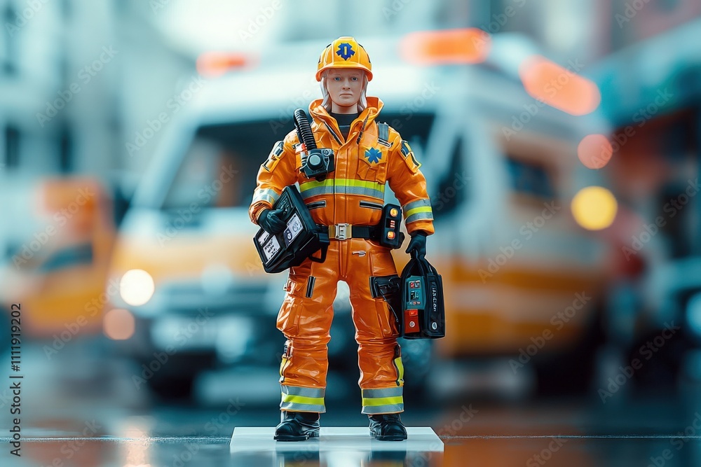 A detailed figurine of a rescue worker wearing an orange uniform holds equipment while posed in front of an ambulance.