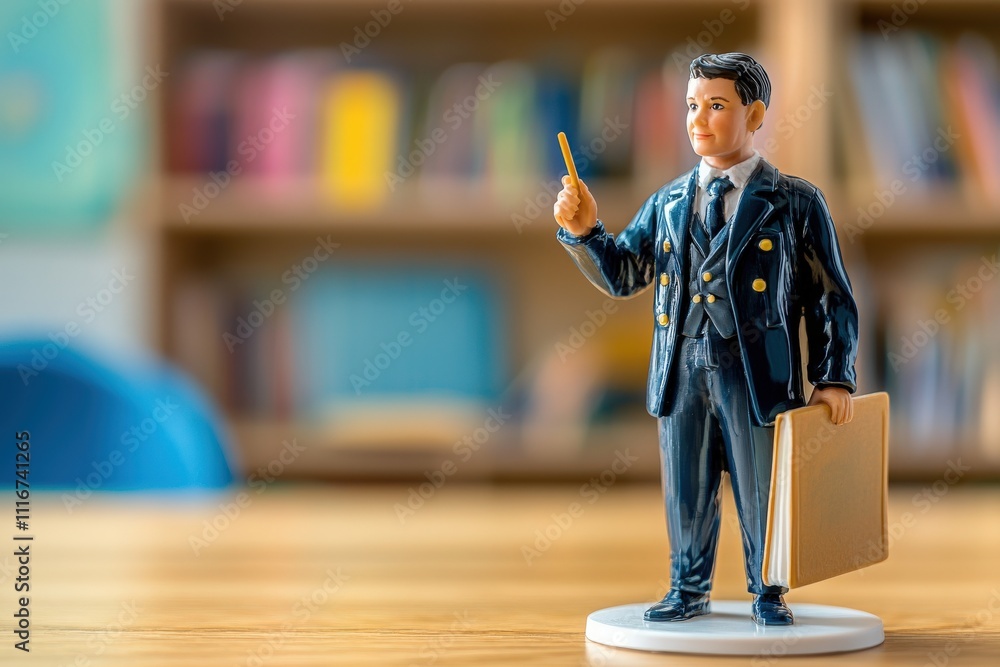 A detailed figurine of a teacher is poised with a pointer in one hand and a binder in the other, set against a blurred backdrop of bookshelves in a classroom.