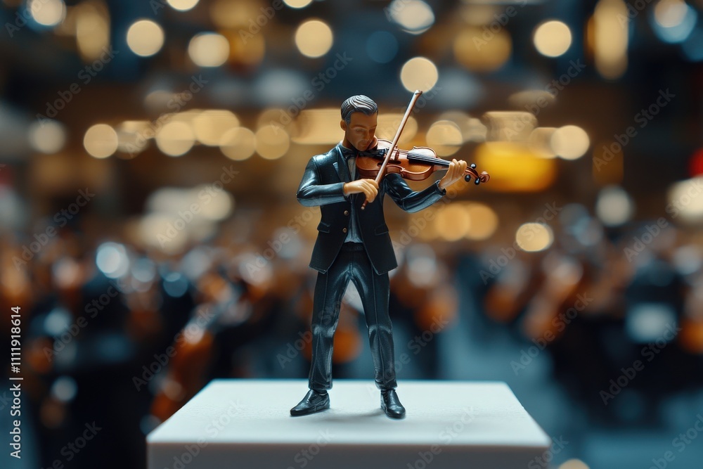 A detailed figurine of a violinist stands on a pedestal, playing passionately. Blurred concert hall setting showcases an audience and orchestra musicians, creating an engaging atmosphere.
