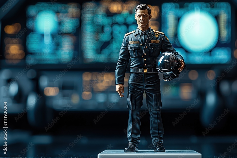 A detailed figurine of an astronaut stands confidently on a pedestal in a cockpit filled with various control panels and screens. The atmosphere suggests a preparation for a space mission.