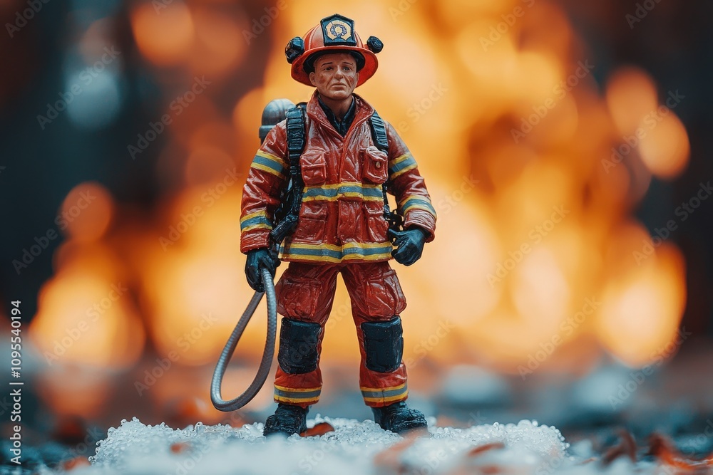 A detailed firefighter action figure stands confidently on a snowy surface with flames roaring behind it. The vibrant colors highlight the intensity of the situation, illustrating bravery.