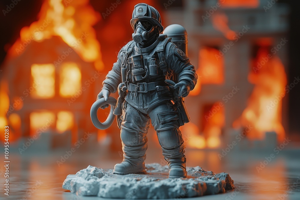A detailed firefighter figurine holds a hose while standing on rubble, surrounded by flames and smoke in a dramatic backdrop of destruction, capturing courage amidst chaos.