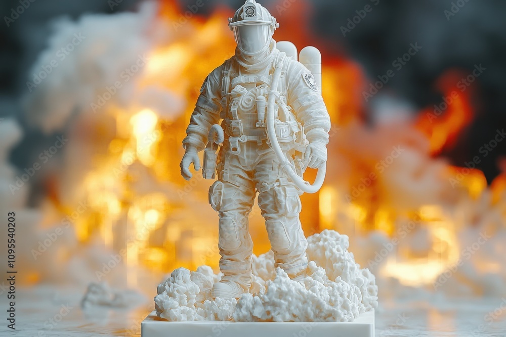 A detailed firefighter figurine is positioned against a backdrop of intense flames and billowing smoke. The scene conveys a sense of bravery and action, highlighting firefighting heroism.