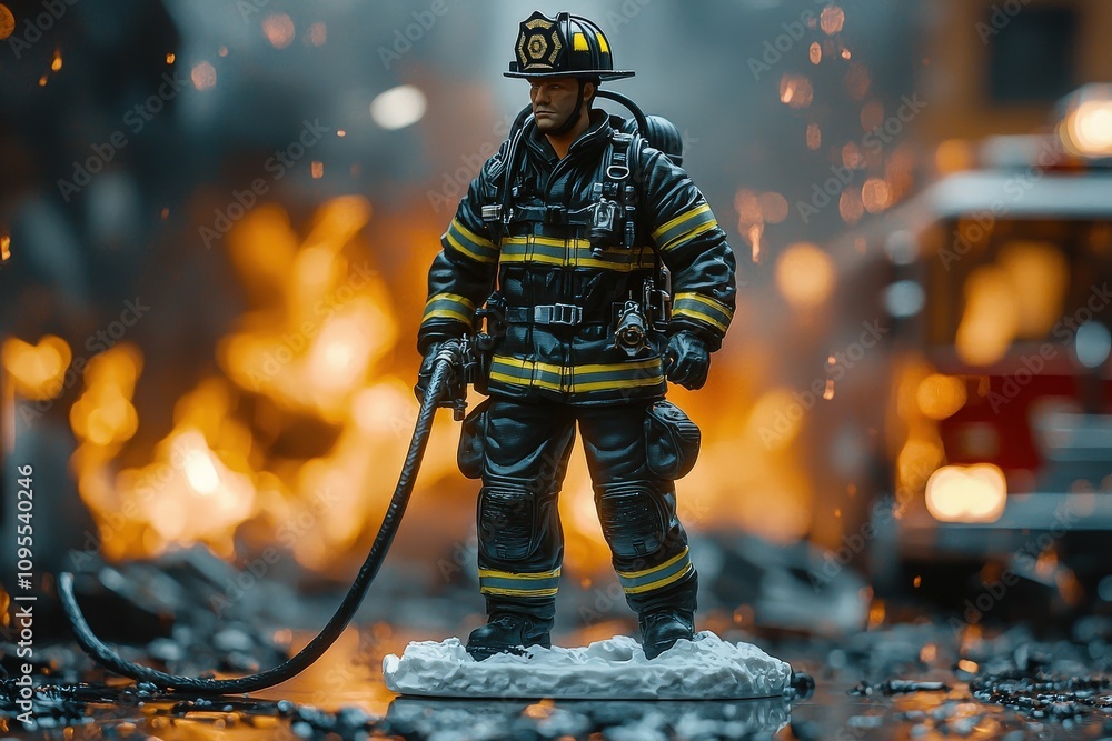 A detailed firefighter figurine is prominently displayed on a foam pad in front of a raging fire. The background shows a chaotic urban environment with flames and smoke.