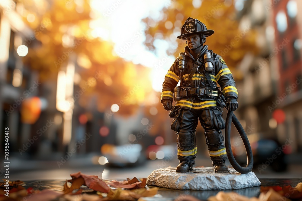 A detailed firefighter figurine stands on a cobblestone surface amidst colorful autumn leaves. The background features a blurred cityscape with warm sunlight filtering through trees.