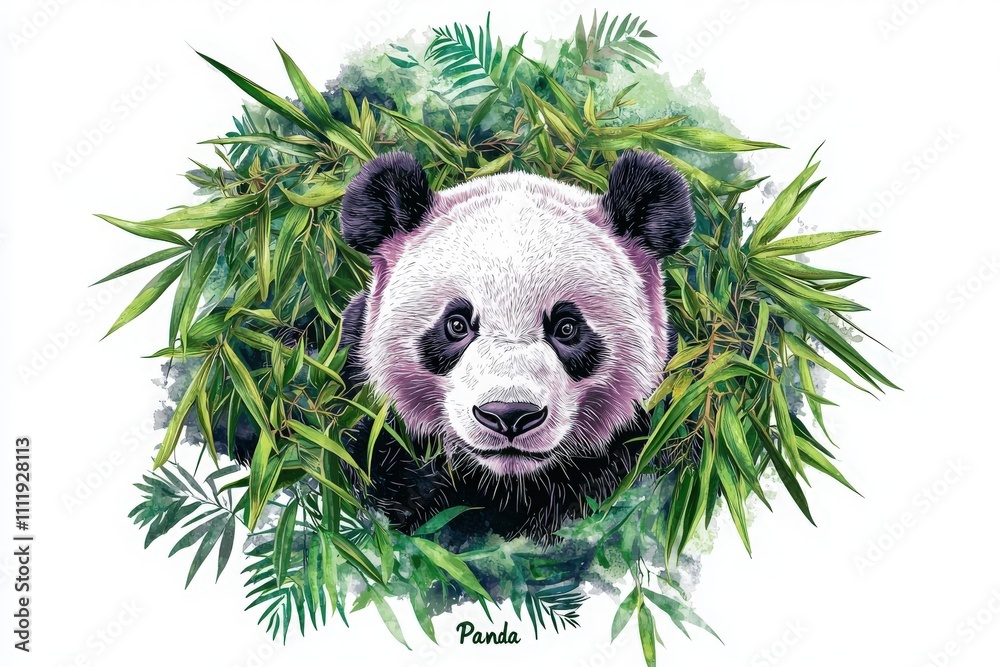 A detailed illustration features a panda with distinctive black and white fur peeking through a dense arrangement of green bamboo leaves. The background showcases a lively and colorful habitat.