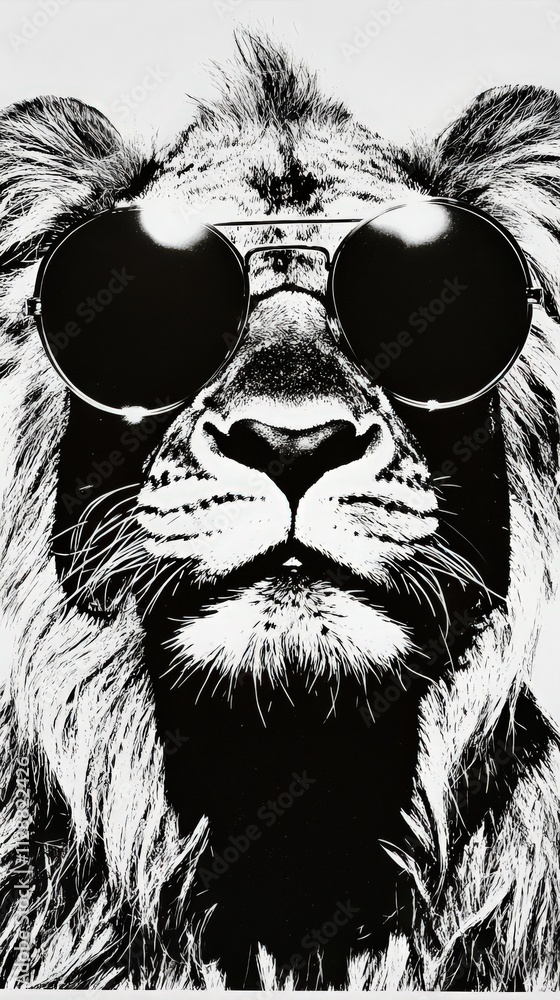 A detailed illustration of a lion sporting dark sunglasses, showcasing its majestic features in a minimalist black and white design that captures attention and evokes a sense of coolness.