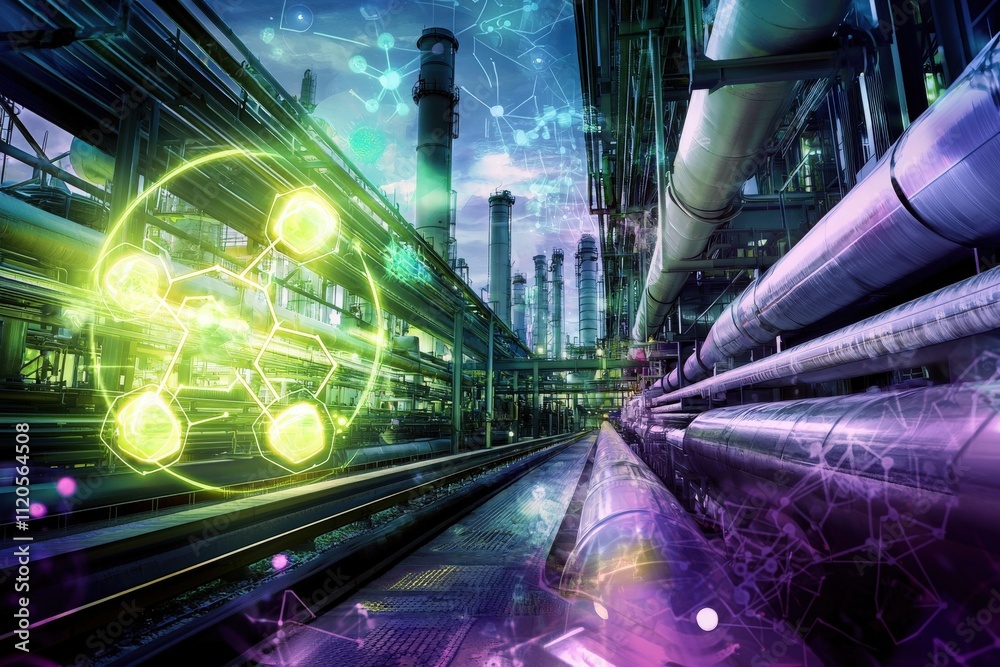 A detailed industrial setting showcases large pipes and stacks, illuminated by vibrant colors and digital graphics representing energy and technology innovation in a refinery.