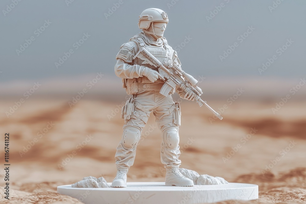A detailed military action figure stands on a white base, gripping a modern rifle. The background reflects a sandy environment, emphasizing the figures tactical attire and gear.