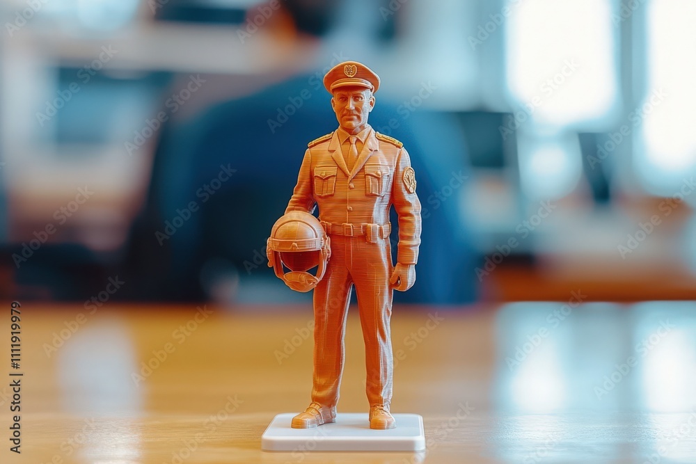 A detailed miniature figure depicts a uniformed officer holding a helmet, positioned on a desk in a contemporary office setting, with a blurred background showcasing a busy workspace.