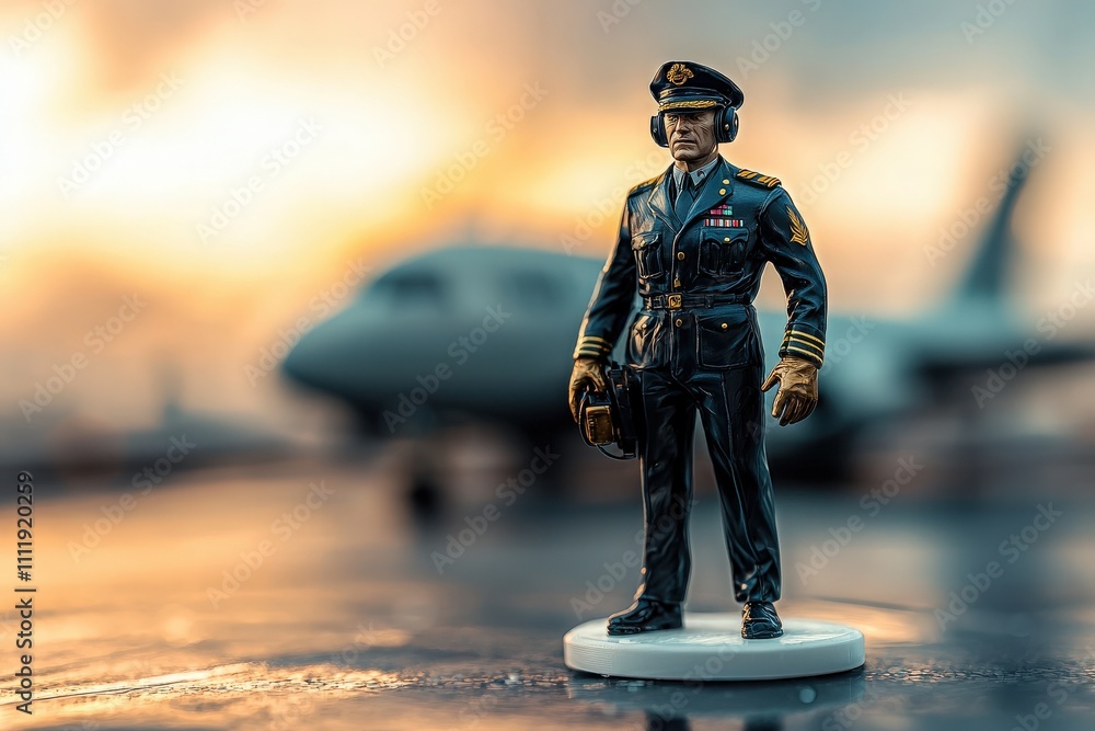 A detailed miniature pilot figure adorned in a uniform, stands on a reflective surface at an airport during a colorful sunset, with a blurred plane in the background, showcasing aviation pride.