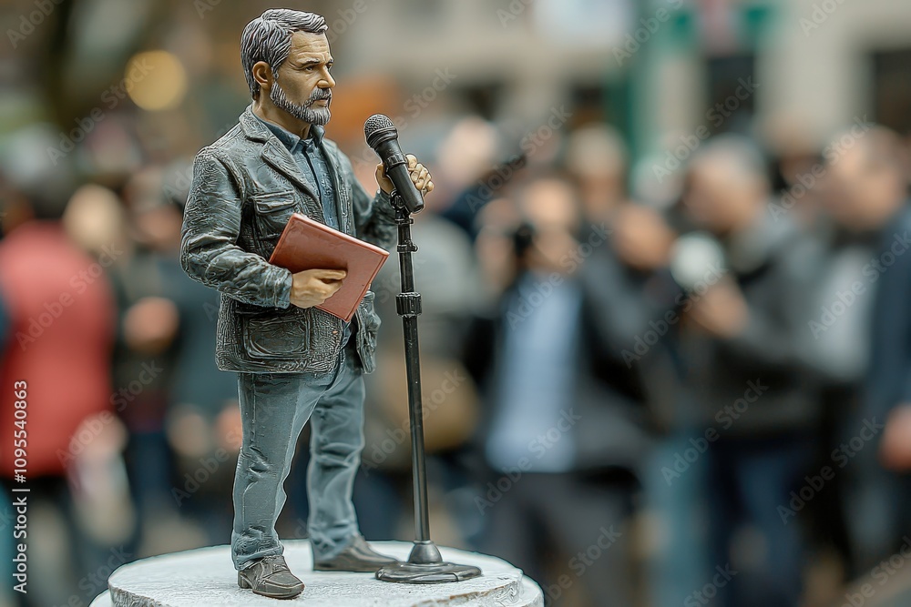 A detailed model figure depicts a man standing at a microphone, preparing to speak at an outdoor gathering. Audience members are blurred in the background, capturing a lively atmosphere.