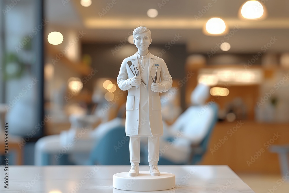 A detailed model of a healthcare worker in a lab coat holds medical instruments in a contemporary clinic. Soft lighting creates a calm atmosphere as other caregivers work in the background.