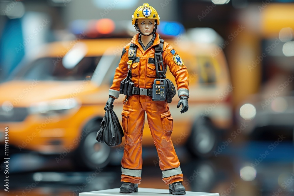 A detailed model of a rescue worker dressed in an orange uniform stands confidently. The backdrop features an emergency vehicle, creating a sense of urgency and dedication in service.
