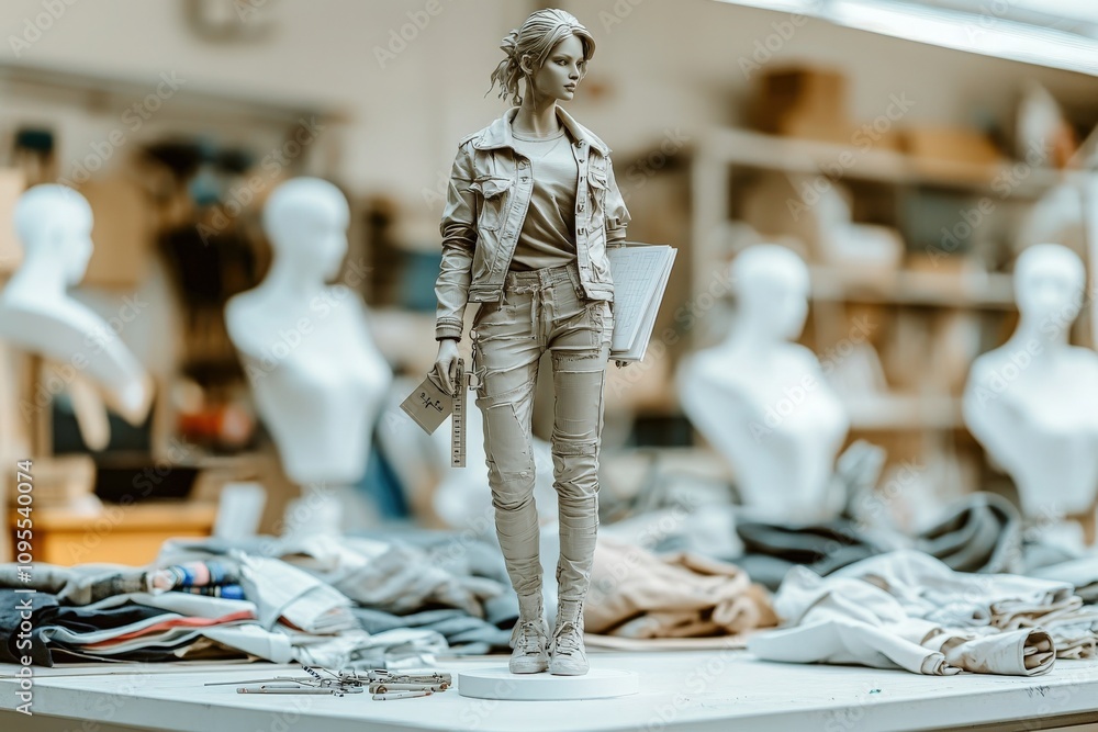A detailed model of a woman in casual attire holds design tools while surrounded by materials and mannequin heads. The creative environment reflects artistic endeavors taking place.