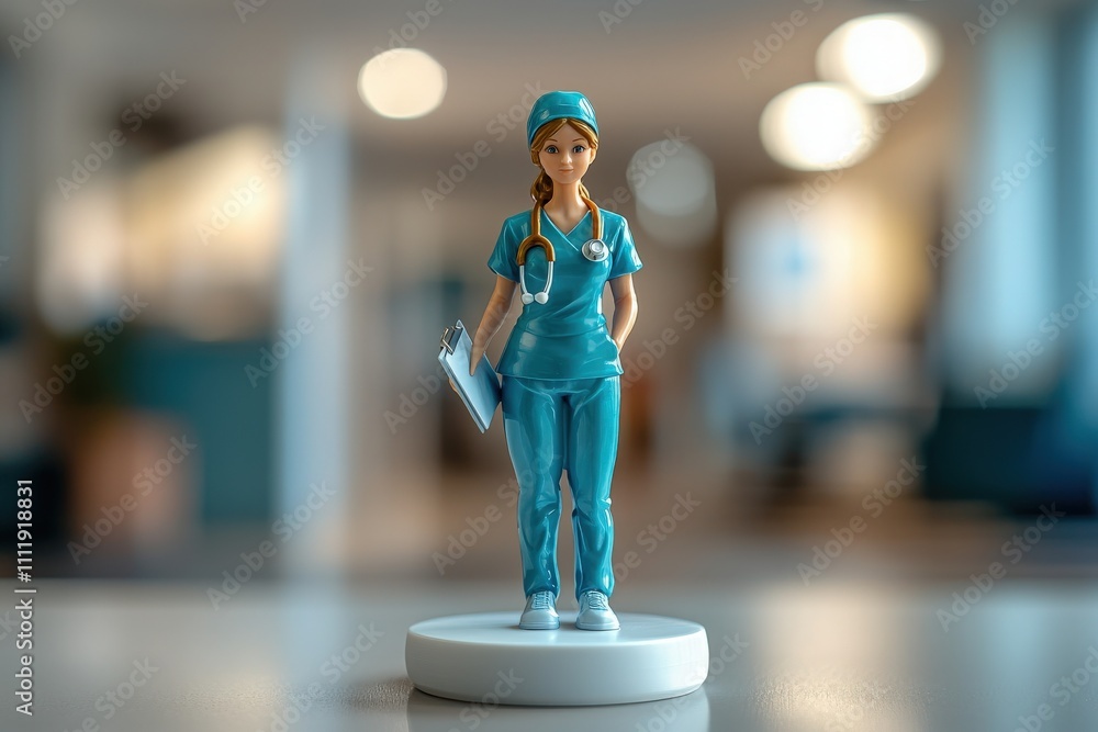A detailed nurse figurine in scrubs holds a clipboard and stands in a modern office filled with soft lighting. The setting suggests a healthcare atmosphere, emphasizing professionalism.