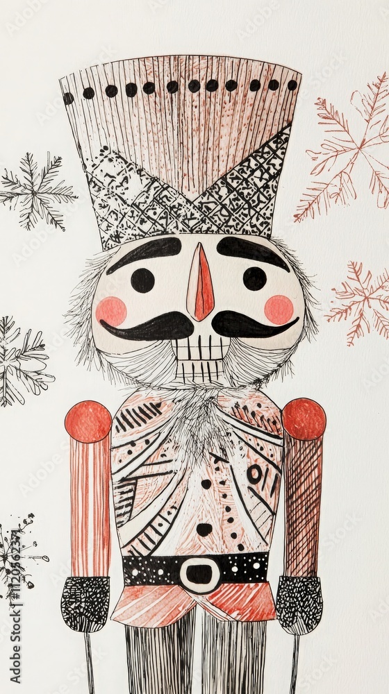 A detailed nutcracker figure stands prominently with black and red designs. Snowflakes surround it, adding a festive atmosphere typical of winter celebrations.