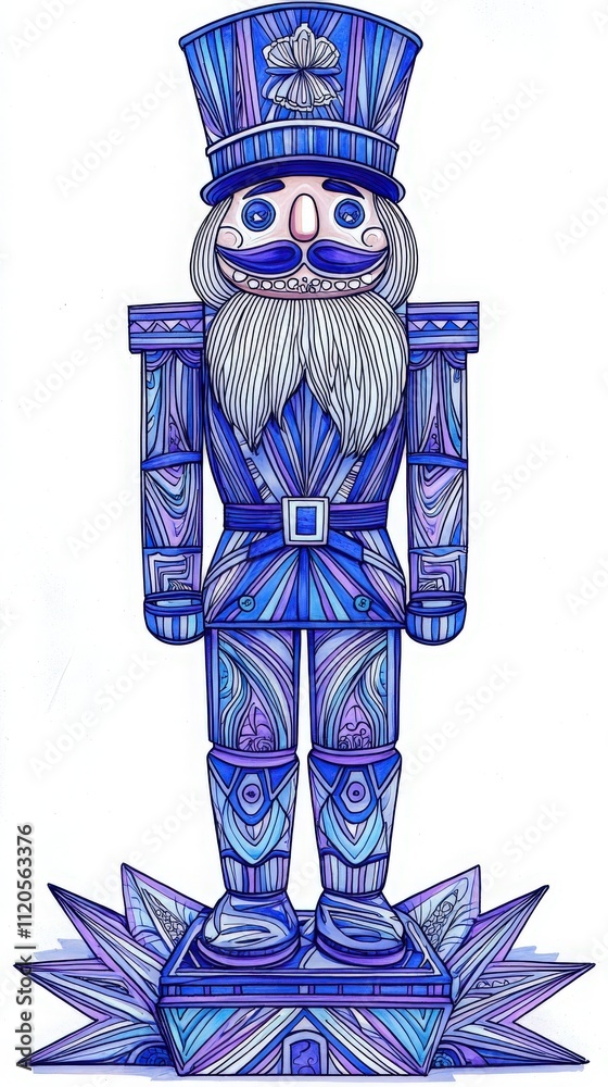 A detailed nutcracker figure stands proudly, adorned with intricate geometric patterns in various shades of blue. This festive decoration showcases the artistry and creativity of the season.