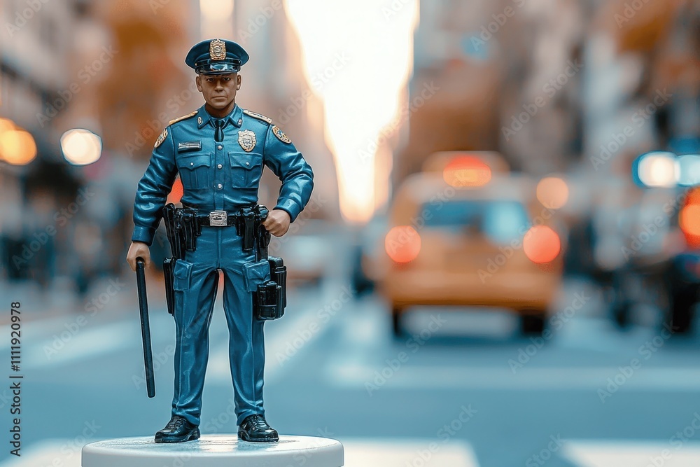 A detailed police figurine stands confidently on a city street. Blurred yellow cabs and pedestrians create a lively urban backdrop during the day.
