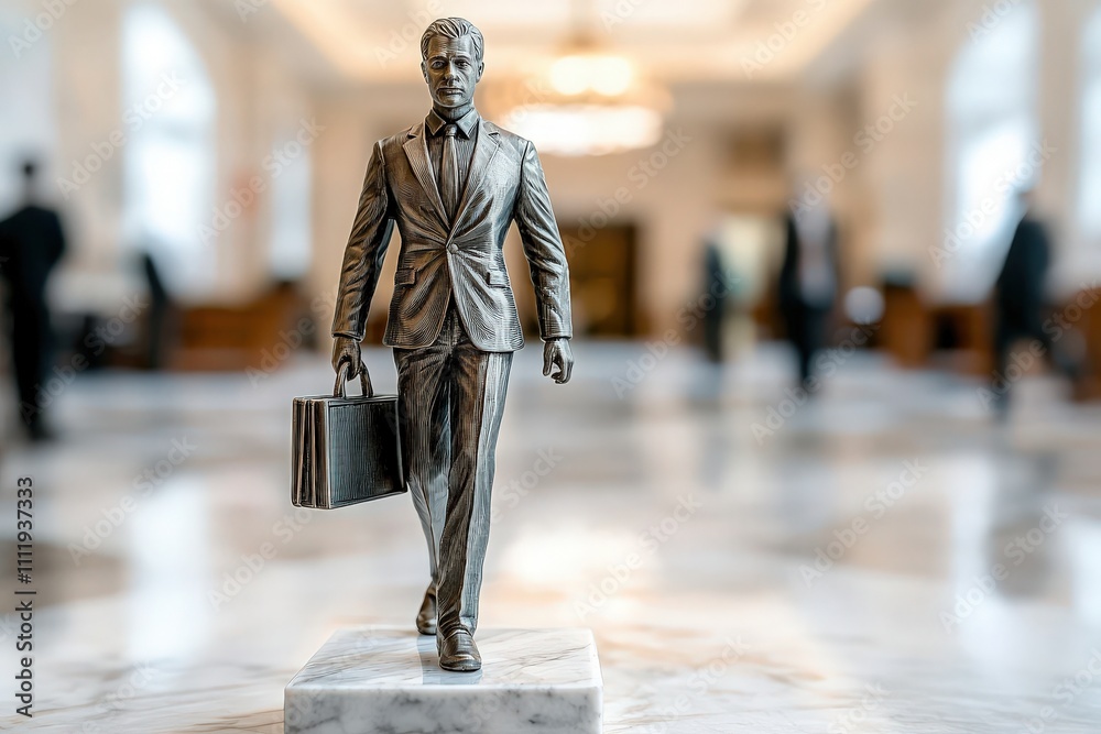 A detailed sculpture of a businessman dressed in a suit, holding a briefcase, stands proudly on a marble pedestal. The elegant lobby setting features blurred figures in the background.