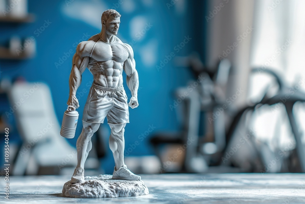 A detailed sculpture of a strong man stands confidently, holding a water bottle, showcasing muscular definition. The backdrop features a fitness studio with gym equipment.