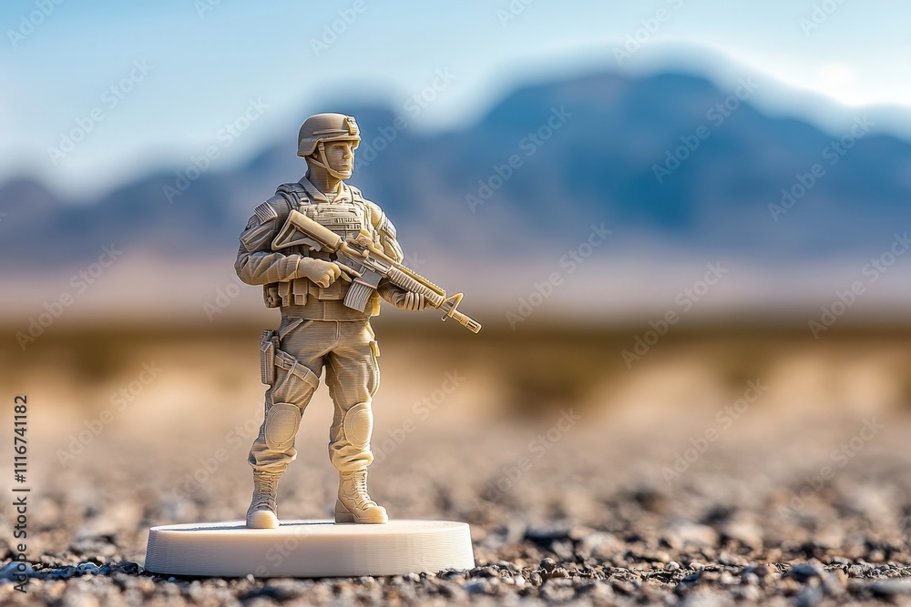 A detailed soldier action figure is positioned on a gravel surface, gazing ahead with an armed stance. Mountains rise in the background, showcasing a clear blue sky, creating a sense of adventure.